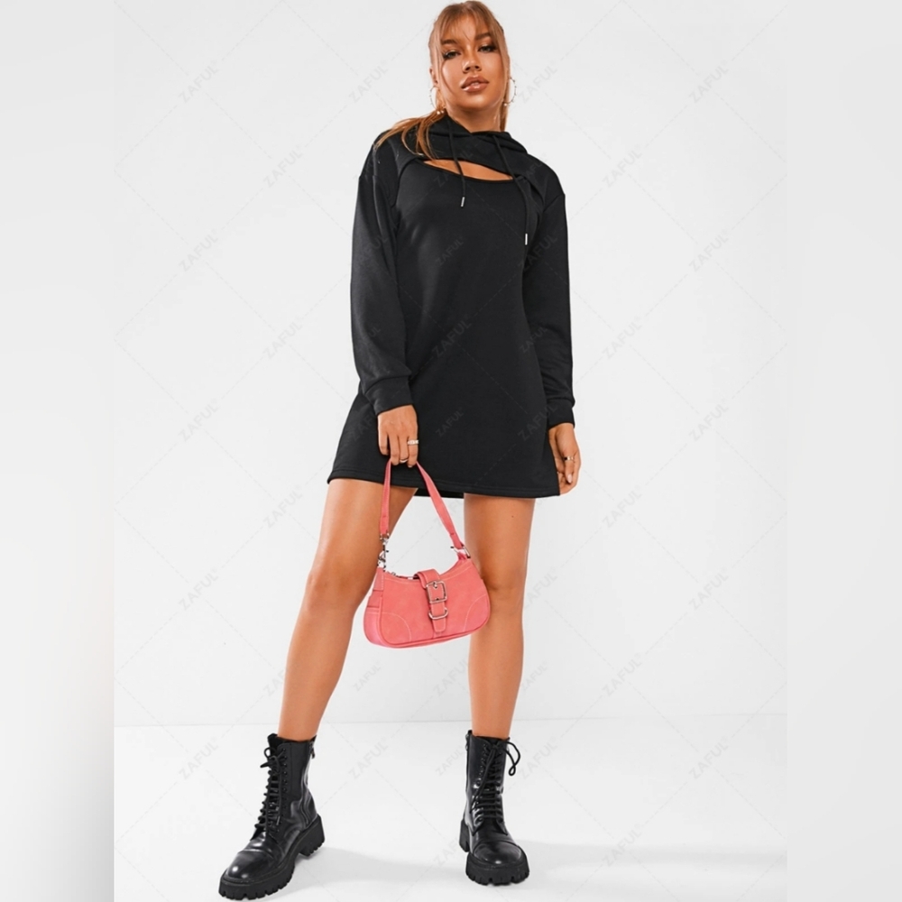 NWOT ZAFUL Cutout Drop Shoulder Mini Sweater Hoodie Dress Black Size M